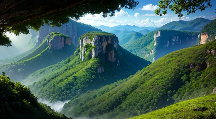 a realistic and scenic view of the serra da ibiapaba, a majestic mountain range located in the interior of ceará, brazil. the la...