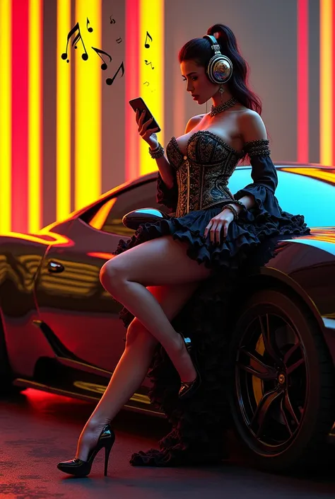 Realistic fictional image. A lush woman in bullfighter clothes, very elegant with stiletto heels and headphones, leans against a sports car with luminous windows in yellow, red and black colors, very shiny and luxurious, looking at her iPhone phone. Large ...