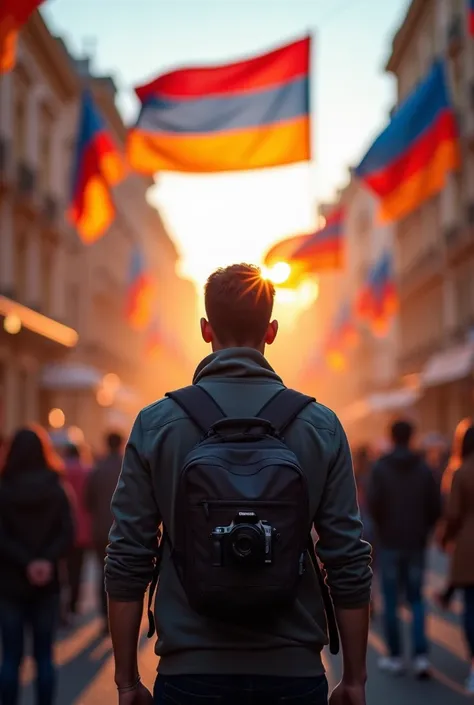 You would like an image for September 21, Armenias Independence Day celebration, featuring the Armenian flag and a man with a camera in Yerevan.

