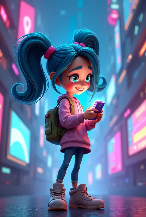 Teenage Vanellope in the digital world with a cell phone 