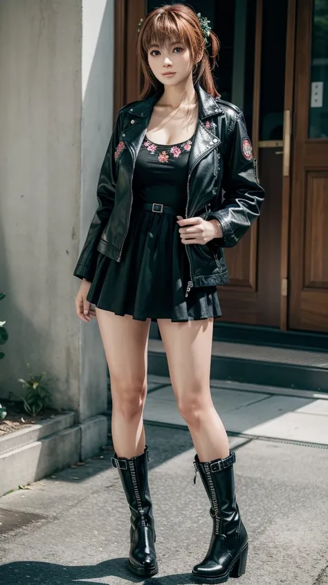 Kasumi, wearing a black jacket and a short floral dress underneath, wearing black boots, full body photo. 