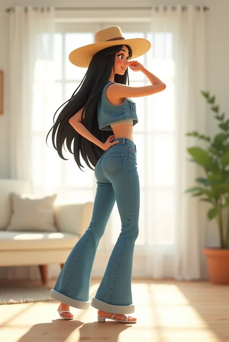 Girl in her 20’s. Very long straight black hair. Wearing cropped buttoned jean fabric sleeveless vest and long jeans with natural straw hat. Dancing cowboy song at her all white modern apartment. Pixar style

Cartoon 