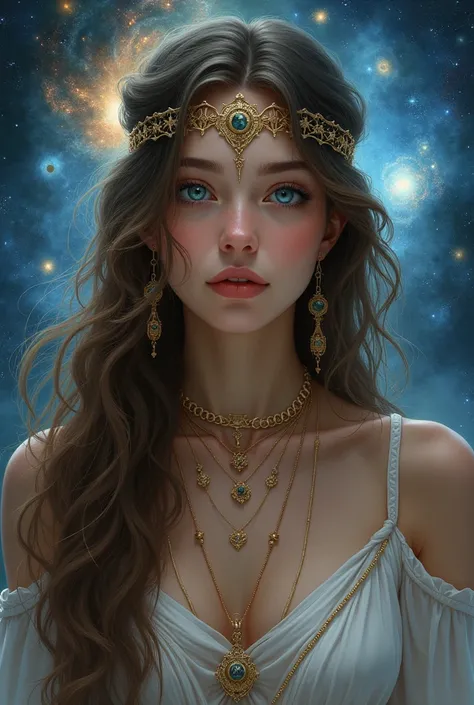 Generate a realistic human image of a 20-year-old fortune teller, with blue eyes, brown hair, necklaces on the head, with universe scenarios, change the scenery, give the character a little more affection 