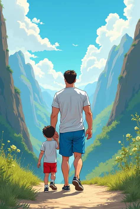 A young man with his son, The young man was muscular with a white shirt and blue shorts and his  son was cute with a white shirt and red shorts., manga style steep hills 