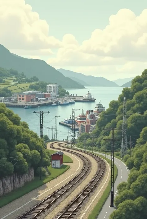 A drawing with a train track, a port for ships and a road for cars, but in the image there can&#39;t be cars, ships and trains