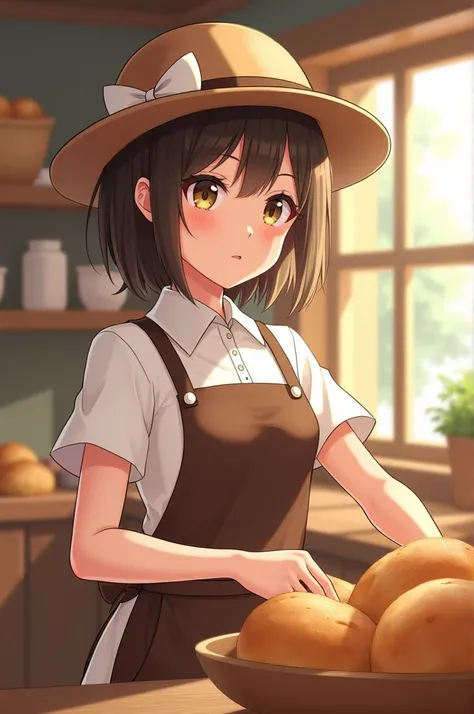 Animated  girl dressed in an apron selling bread 