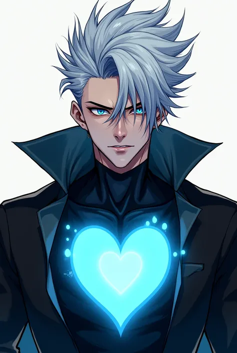 Create an image in the style of a male manhwa character with white hair, featuring the text HeartSteal and smaller text TOC TRUONG, with the dominant color being light blue for the heart.i