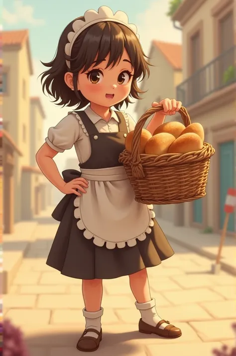 Animated  girl dressed in an apron selling bread with her basket