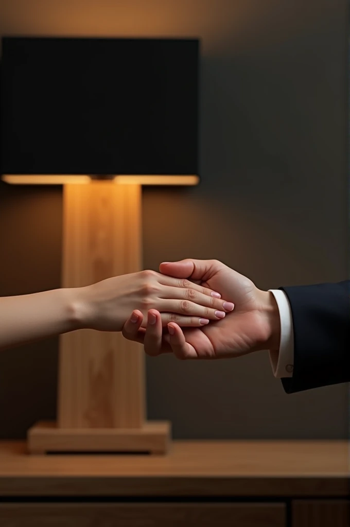 The image of a woman&#39;s hand on her husband&#39;s hand is placed next to a lampshade.  Rectangular wooden with a black and rectangular lampshade cap 