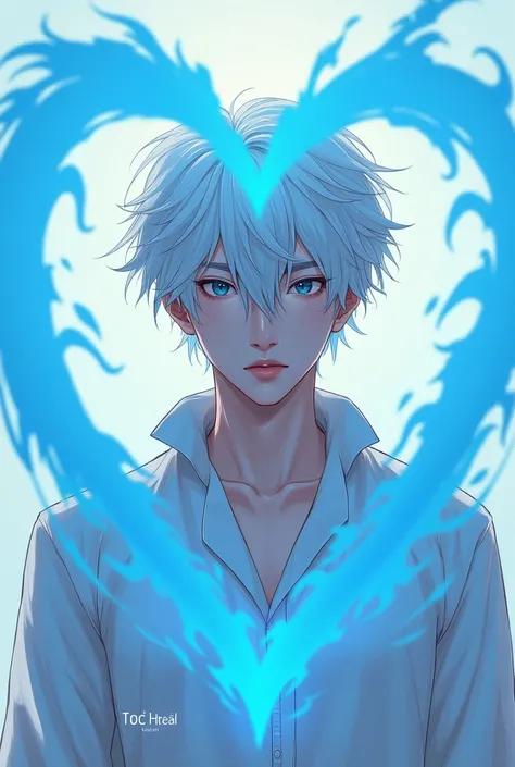 Create an image in the style of a male manhwa character with white hair, must have the text HeartSteal and smaller text TOC TRUONG, with the dominant color being light blue for the heart.i