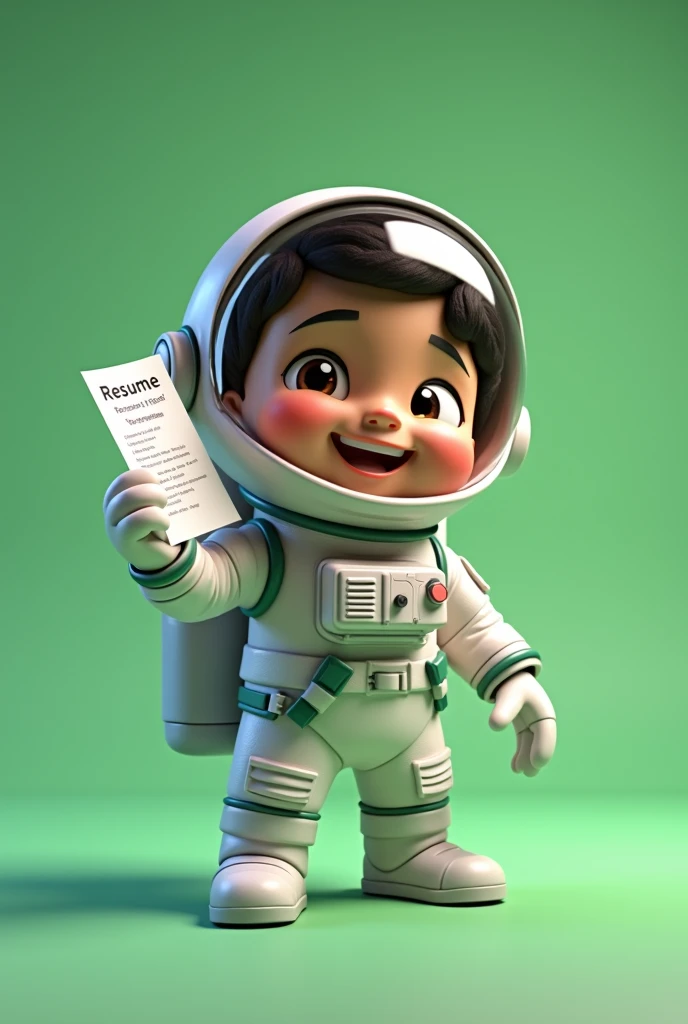 A happy young dark-skinned astronaut, cute, wearing astronaut outfit, green chromakey background, barnet, Tom, Pixar style, ......3d, cartoon, he is holding a resume in his hand and smiling. detailed face, asymmetrical 16k