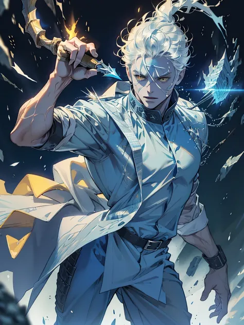 Man 2, half white dragon with a slightly blue aura, and with some scales around the eyes, yellow eyes, cinematic, full body, emanating ice energy, White and spiky hair, yellow eyes, (((holding a small sickle))), Wearing a white button down shirt, wearing b...