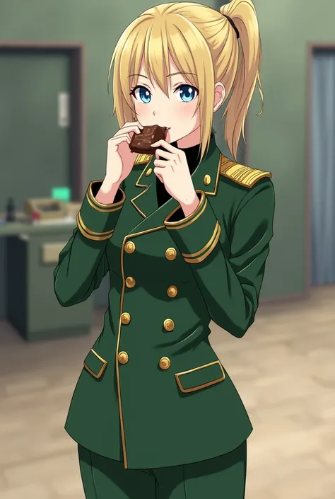 Tanya von degurechaff  in a green military suit eating a chocolate