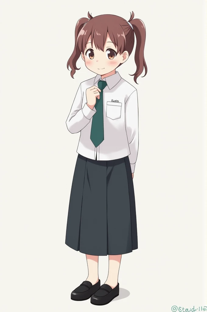 Girl with white shirt, small dark green tie, dark green skirt, black shoes and two ponytails 