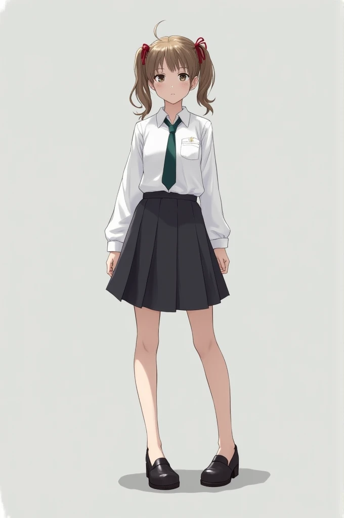 Girl with white shirt, small dark green tie, dark green skirt, black shoes and two ponytails 