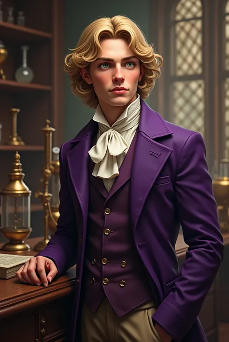 1 blond man with green eyes, blonde hair. purple clothes. scientist. victoriana
