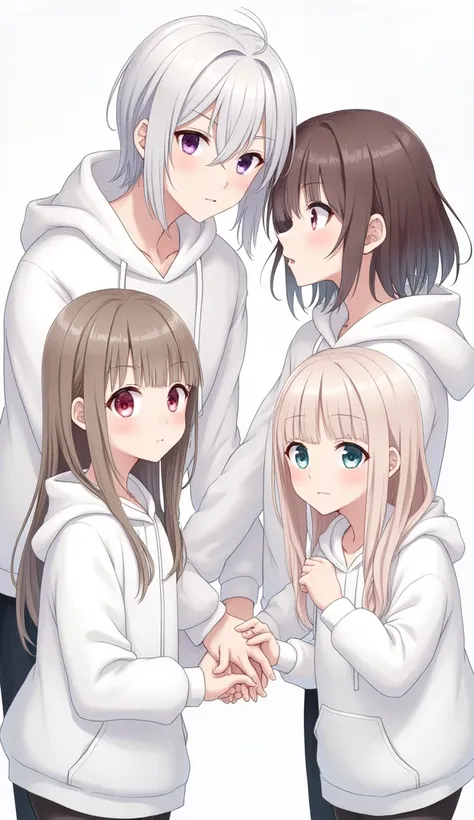 Two men and two women。Holding hands。front。Men&#39;s hairstyle silver bob。Female hairstyle brown long hair。Male eye color heterochromatic。Male right eye blue。Male left eye red。Woman&#39;s eye color: Cherry blossom。High resolution。Matching white hoodies for ...