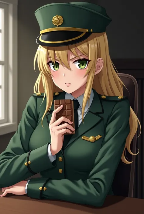 Tanya von degurechaff with blonde hair,  with a military suit and a green hat eating chocolate and not having breasts