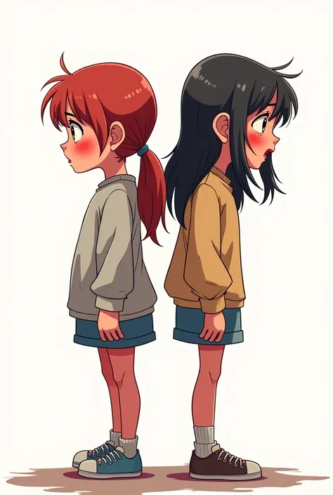 Make these same 2 sisters not very similar, aged approximately 10 to 18 years, full body, from head to toe appearing, they are fighting and very angry and sad, reddish faces, back to back, one being much smaller and the other being much taller, uhd image, ...