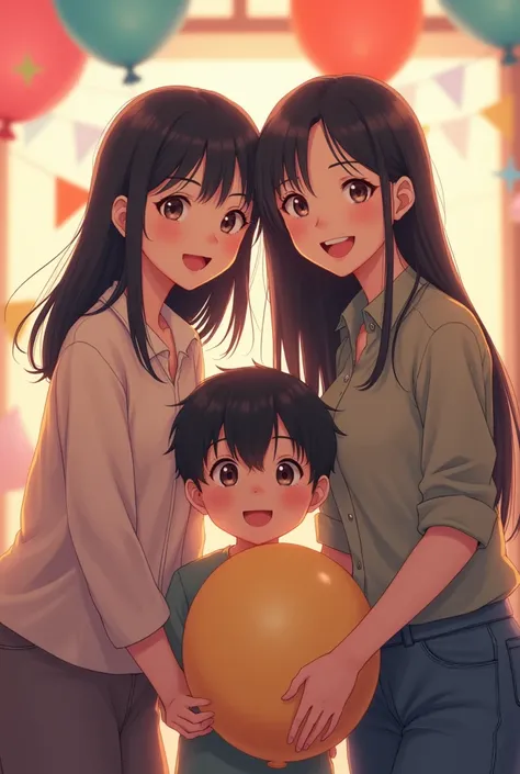 two  children, a Japanese woman with medium hair and a Korean woman with long hair posing for a photo, a boy of the same age with medium hair holding a balloon behind his back at a birthday party 