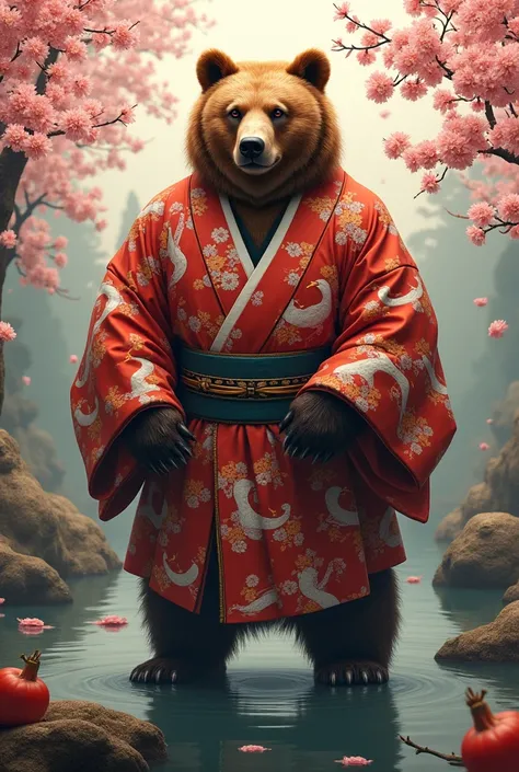 Grizzly bear wearing kimono
