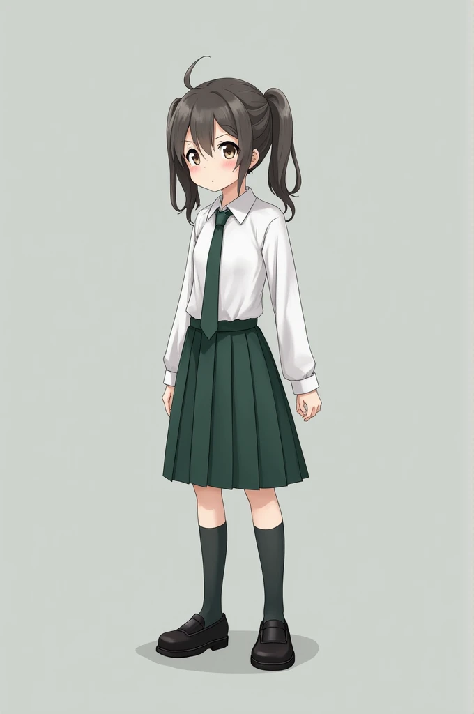  girl in uniform,White shirt, small dark green tie, dark green skirt, black shoes and two ponytails 