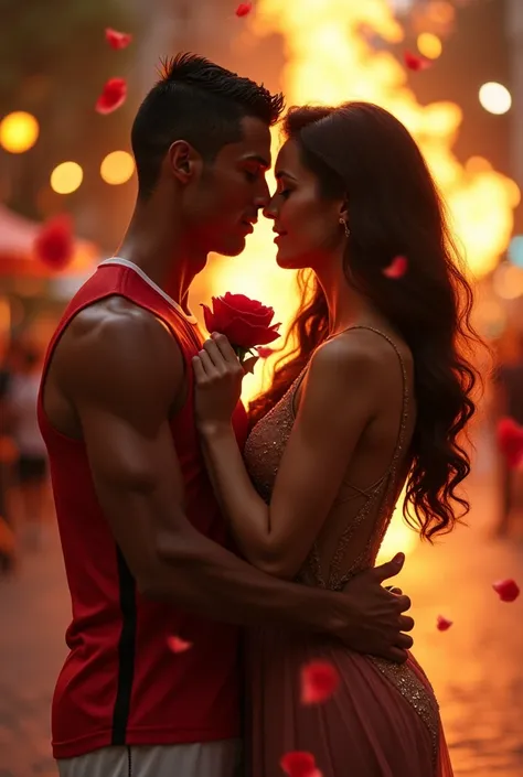 (photorealism:1.2), RONALDO WITH HIS WIFE LOVING MOOMERNT IN PUBLIC AND GIVE A ROSE WITH FIRE EARTH,by AI