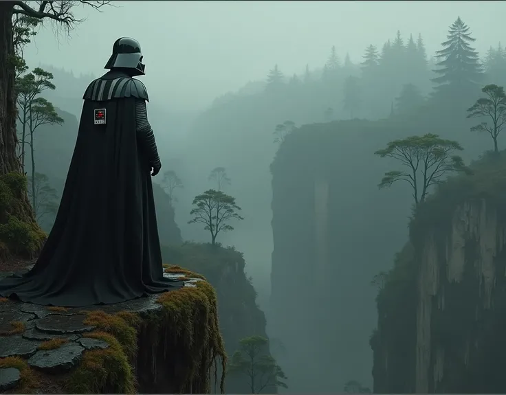 Darth Vader watches from a very tall tower a dark and swampy forest planet. Its trees are covered with moss and vines., and the atmosphere is gloomy and mysterious. 