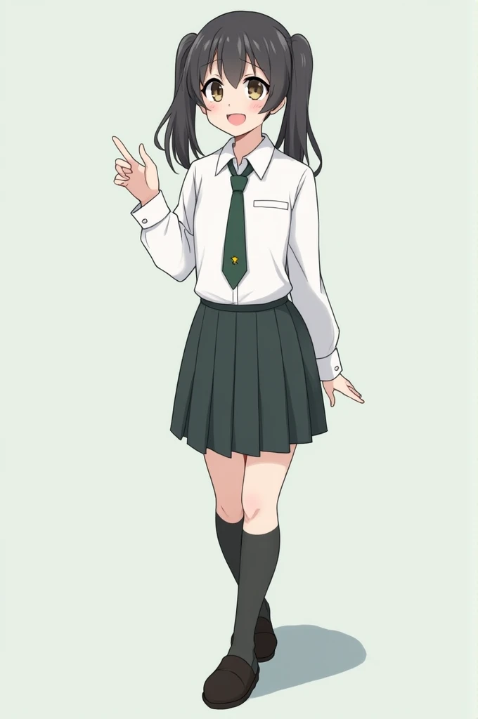  girl in uniform,White shirt, small dark green tie, dark green skirt, black shoes and two ponytails 