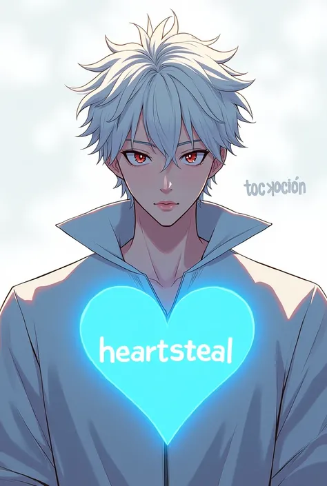 Create an image for Avatar in the style of a male manhwa character with white hair, featuring the text HeartSteal and smaller text TOC TRUONG, with the dominant color being light blue for the heart.i