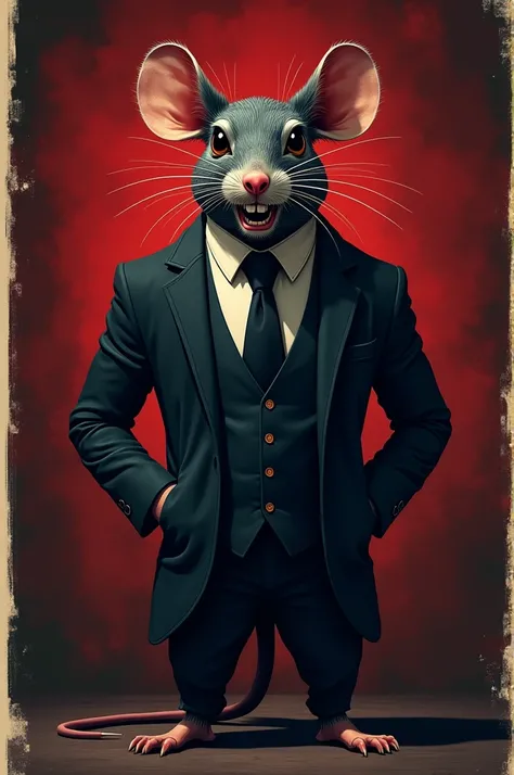 Create a vertical poster (9:16) depicting a rat dressed in a sharp suit and tie, exuding an air of smugness. The rat should be standing confidently, with a sly grin, against a dark, textured background in shades of red and black. Apply a posterize effect t...