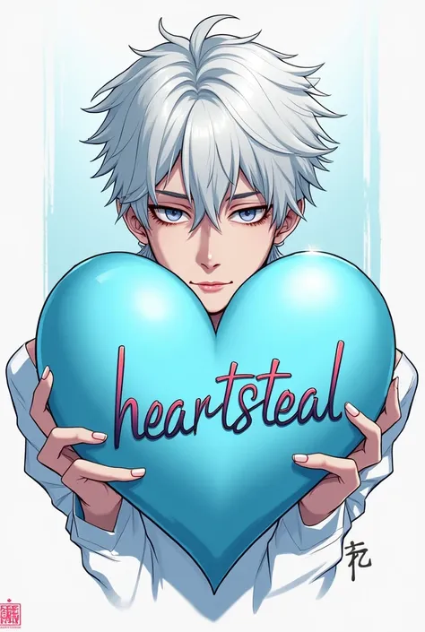 Create an image for Avatar in the style of a male manhwa character with white hair, featuring the text HeartSteal and smaller text TOC TRUONG, with the dominant color being light blue for the heart.i