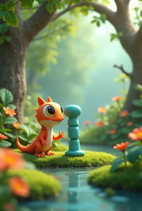 I-shaped image, with a salamander standing next to it, 3D animation design, Cute,landscape crawling on tree branches