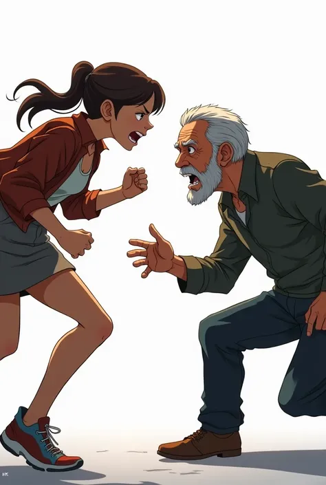 Make one of these girls, approximately , full body, from head to toe appearing, she is fighting with a 50 year old man, beard and gray hair. He has a worried and sad face, uhd image, 8k and with very vivid colors, white background to remember and use inspi...