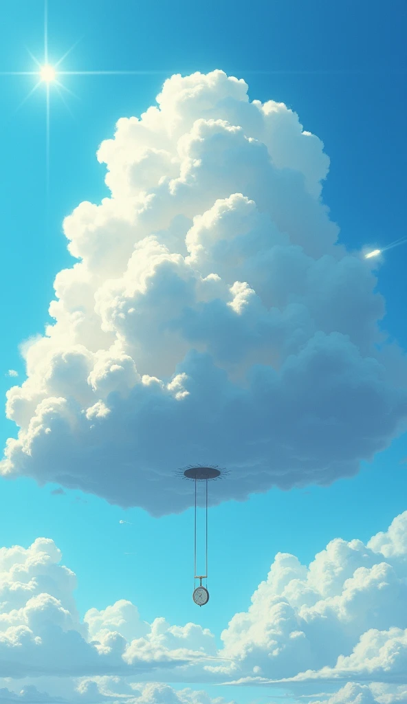 9.	Heavy cloud:
“A massive, fluffy cloud floating in the sky, with a subtle weight indicator or scale showing it weighs over a million pounds. The sky is bright and sunny, giving the cloud a light, contrasting visual.&quot; Ghibli-style streetscape　