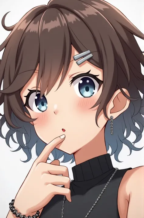 Take a picture of me in anime version, I&#39;m medium brown and with it but curly painted with gray highlights, my left eyebrow has a line and the right one has an x with earrings and a chain 