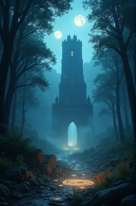 "Create a dark, mystical forest with ethereal light filtering through the trees. In the distance, a towering ancient fortress looms, surrounded by swirling magical energies. Add faint symbols of forgotten runes glowing on the ground, hinting at hidden powe...