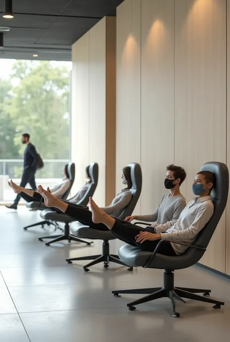 Stretching Chairs in Public Spaces: Chairs specifically designed to encourage stretching, with adjustable backrests and leg support, allowing users to stretch without leaving the place.