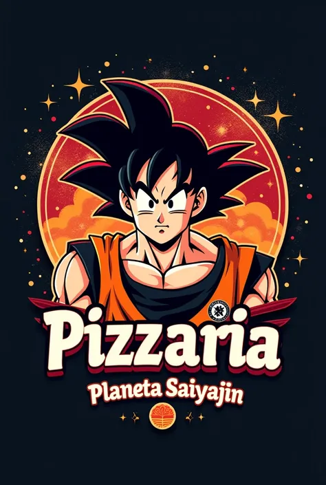 create a logo brand with the word pizzzaria planeta saiyajin, inspired by dragon ball