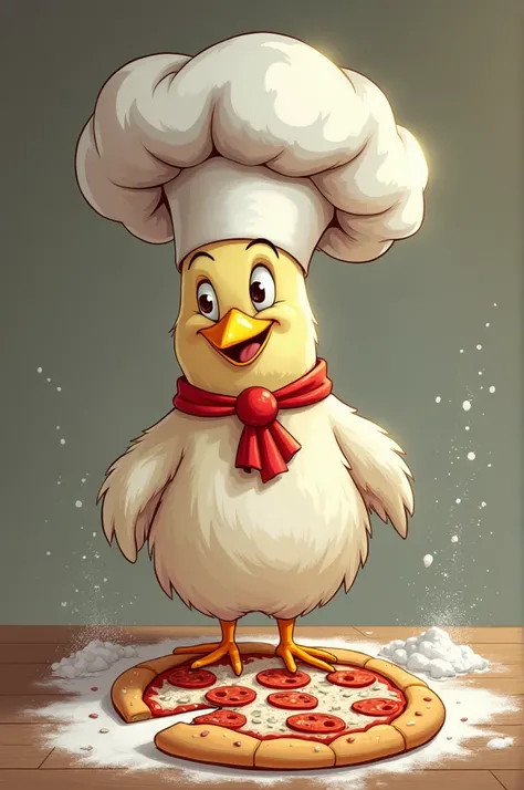 A bird, dirty because of flour, long white cooking hat, twisting a huge pizza over his head, cartoon style