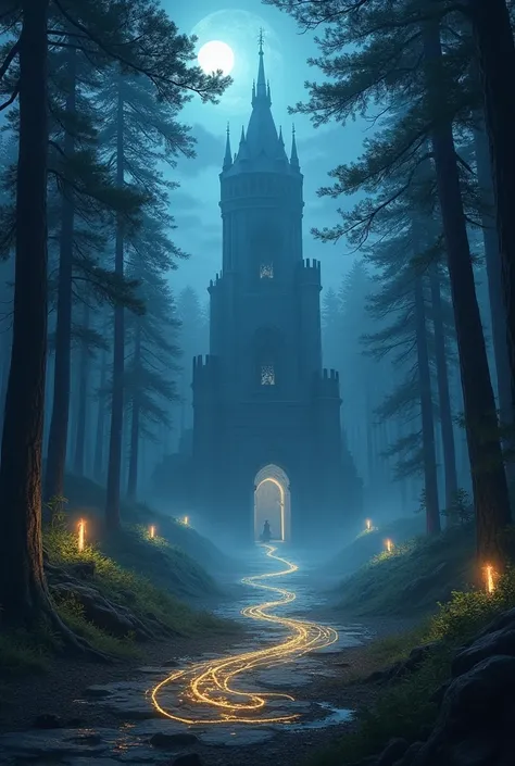 "Create a dark, mystical forest with ethereal light filtering through the trees. In the distance, a towering ancient fortress looms, surrounded by swirling magical energies. Add faint symbols of forgotten runes glowing on the ground, hinting at hidden powe...