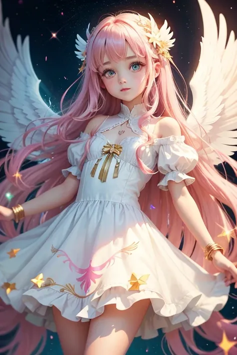 angelic girl with wings much bigger than her, she has a white dress with rainbow glitter, her hair is long and golden, her eyes are pink, her eyes are small, her legs are thin and long