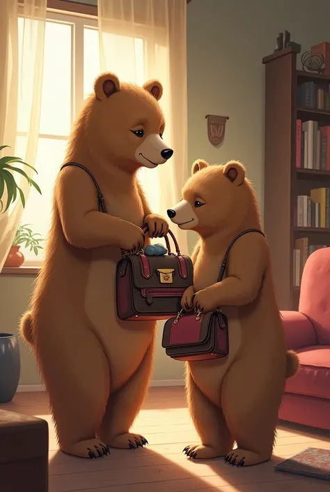 Two adult female bears collecting their purses in a room 