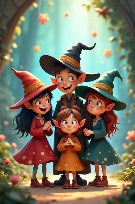 3 witches and 1 wizard, cute in cartoon, friends and at the same height 