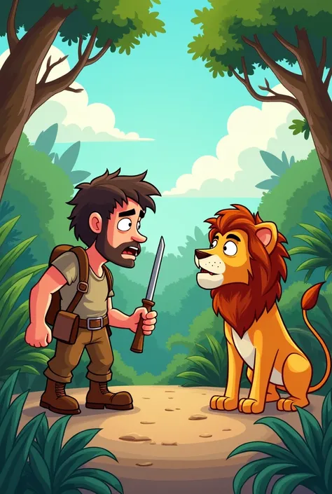 A hunter and a scared lion cartoon