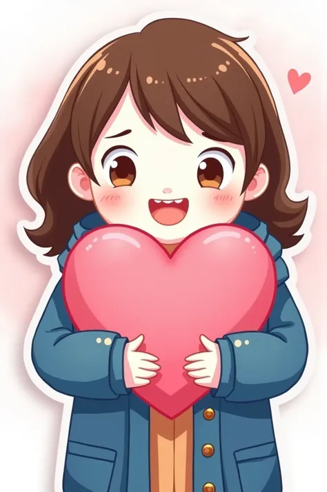 Un sticker para twicht, My character has white skin, brown eyes, wears a blue coat and is hugging a pink heart very happily. 