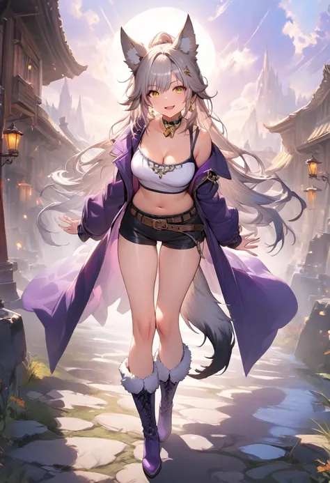 (masterpiece),(best quality),(ultra-detailed),(best illustration),(best shadow),(absurdres),(detailed background), 1girl, animal-ears, solo, tail, boots, wolf-ears, yellow-eyes, navel, breasts, fur-trim, purple-footwear, long-hair, knee-boots, jewelry, ful...