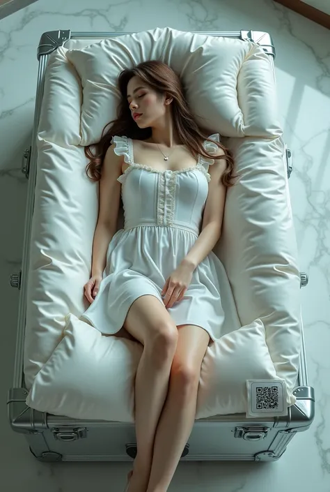 A young and very beautiful woman lying with her legs in a very large cushioned duralumin case、The woman is wearing a maid&#39;s uniform and the item has a QR code and a price tag attached to it, and is wrapped in plastic film.、The duralumin case is placed ...