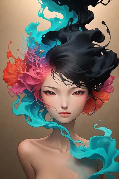 Colorful Abstract Art of Ink Forming a female portrait, Lighting, Sub-Surface Scatterring, Glow, Award-winning Underwater Ink Art by Alberto Seveso, japanese anime, realistic, surreal, 