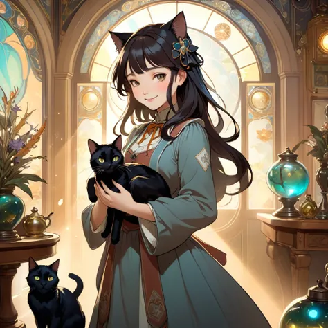 Alphonse Mucha style, unreal world, humorous and crazy, cinematic lighting. A room full of magic items. A girl, a beautiful girl, she is a student of a magic school, she holds a black cat. In this world full of memories, she seems lost and at the same time...